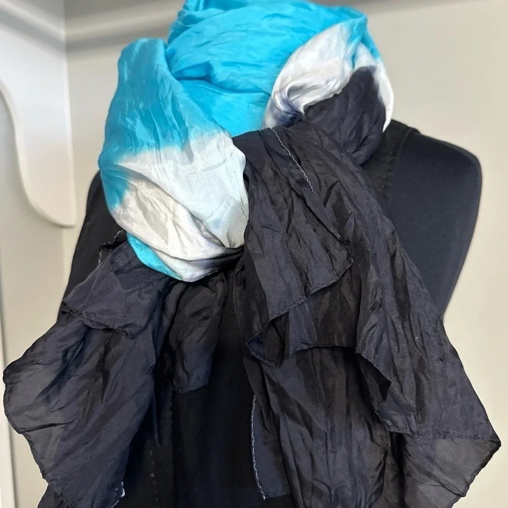 Elegant Large 32x70 Silk Scarf, Wrap, Beach Cover Blue, Black & white Women's